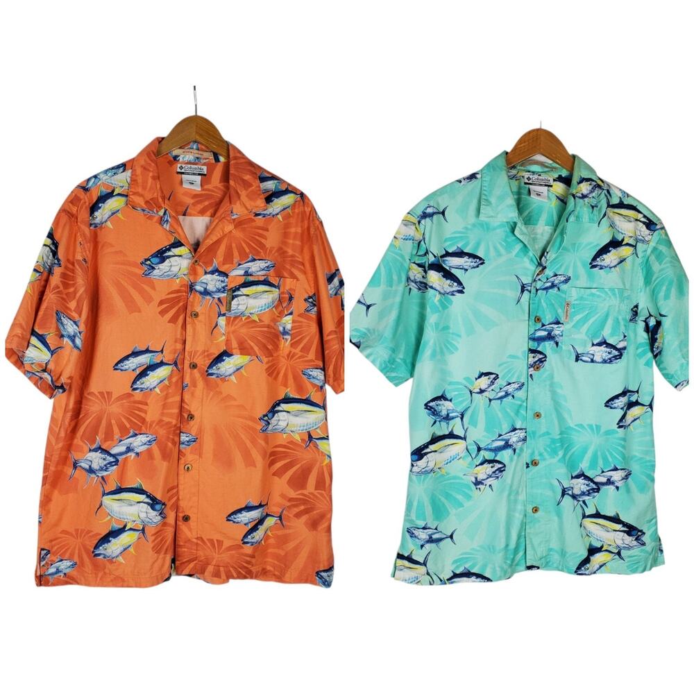 Lot Of 2 Columbia River Lodge Short Sleeve Button Up Shirt Mens M Fishing READ